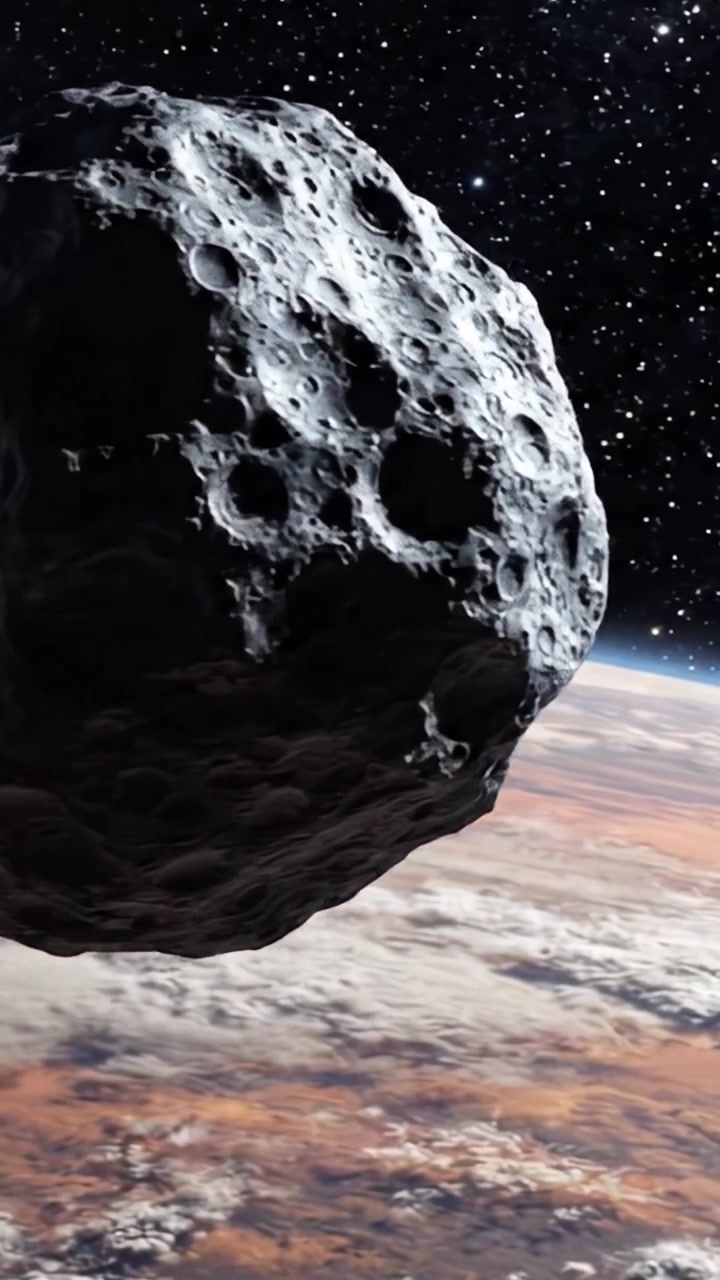 Prospettive drammatiche di un asteroide circondato da splendore cosmico sullo sfondo dell'atmosfera terrestre e di superfici planetarie distanti in immagini spaziali mozzafiato