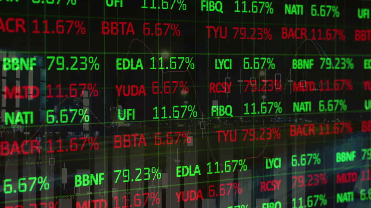 Animazione di elaborazione di dati statistici e finanziari su paesaggio urbano