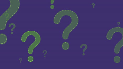 animación de signos de interrogación verdes volando sobre un fondo púrpura