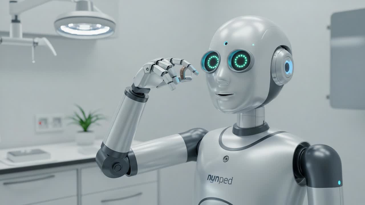 A Friendly Robot Engages in a High-Tech Environment, Showcasing Its Functionality and Interaction Through Hand Gestures and Expressions in a Modern Clinical Setting