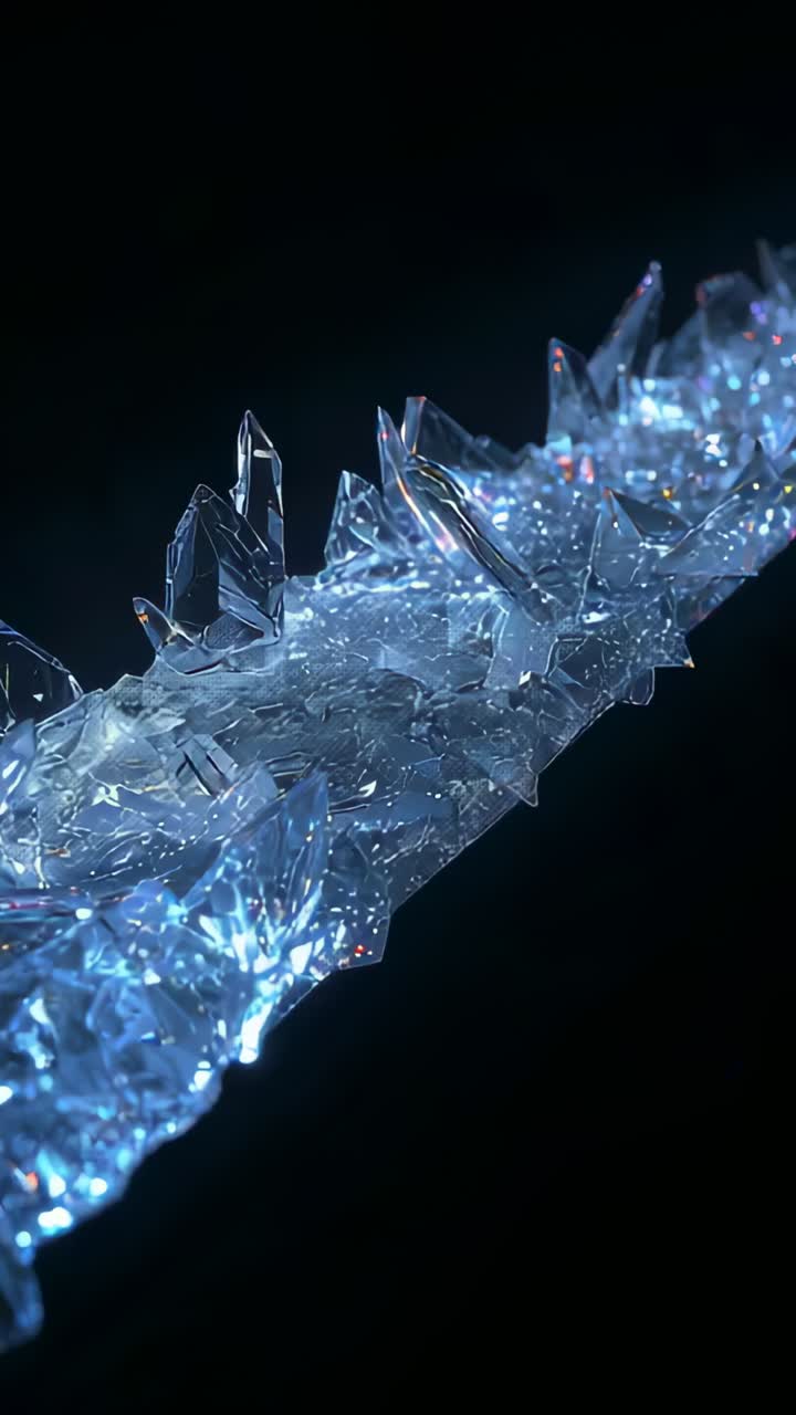 Vertical video: Shifting camera revealing crystal ridge in black studio, exposing facets and glints