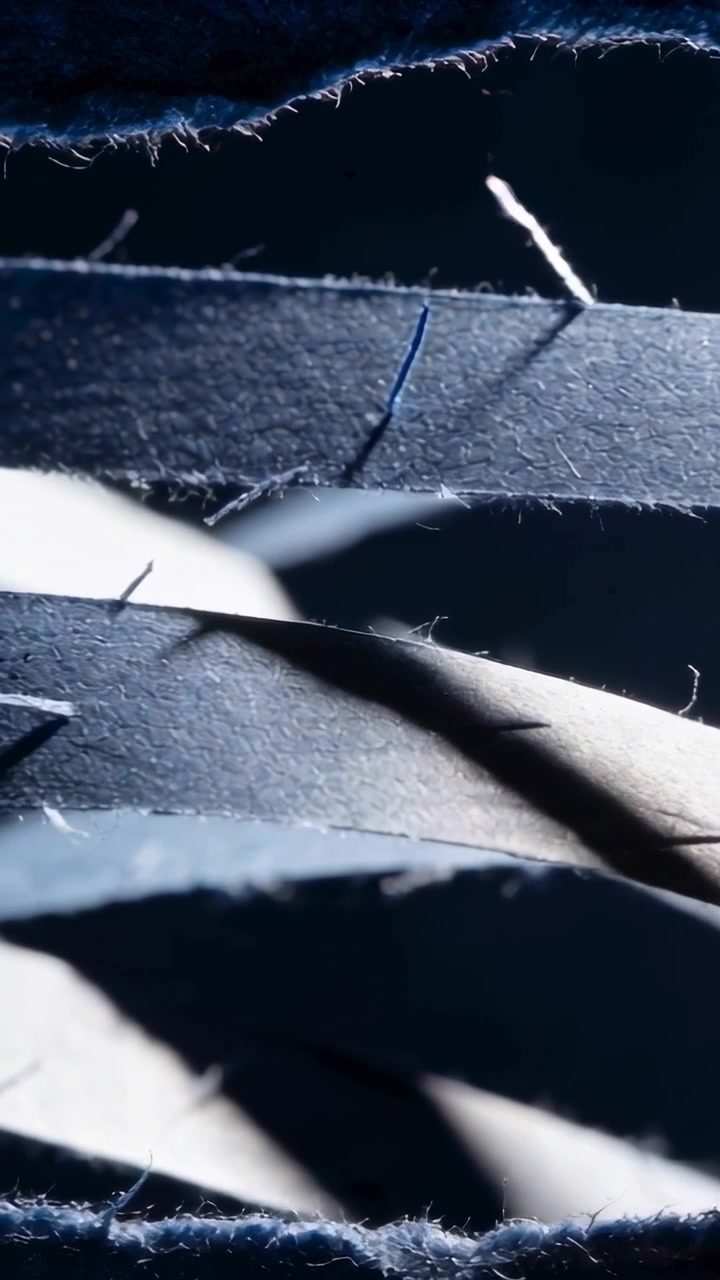 Vertical video: Pulling focus lens showing torn paper strips at macro white fiber blue thread