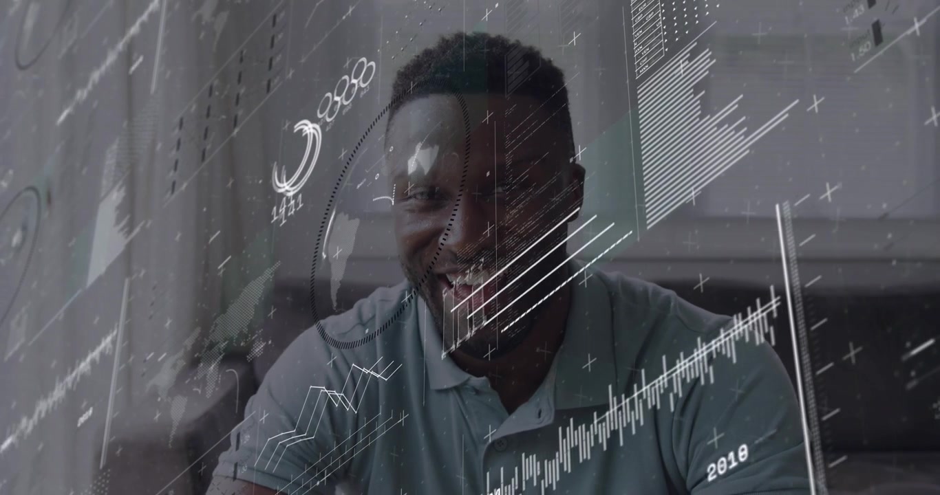 Smiling Man Interacting with Digital Data Overlay in Living Room