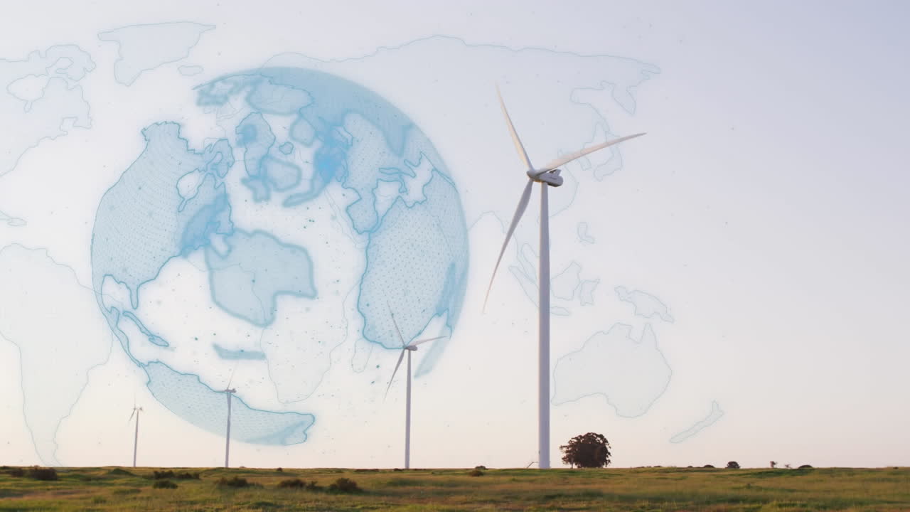 시골의 풍력 터빈 위의 지구의 애니메이션