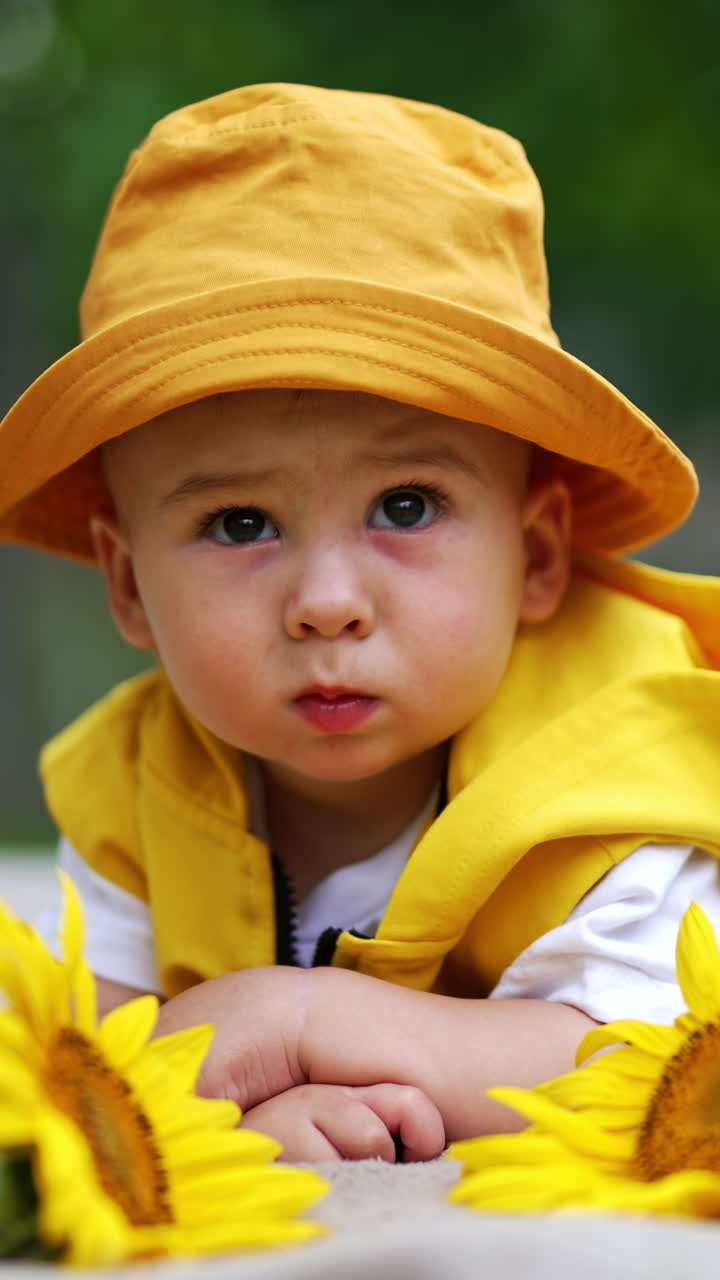 Lovely serious kid in yellow panama and vest lies on his belly outdoors. Sunflowers lie in front of a kid. Blurred nature backdrop. Vertical video