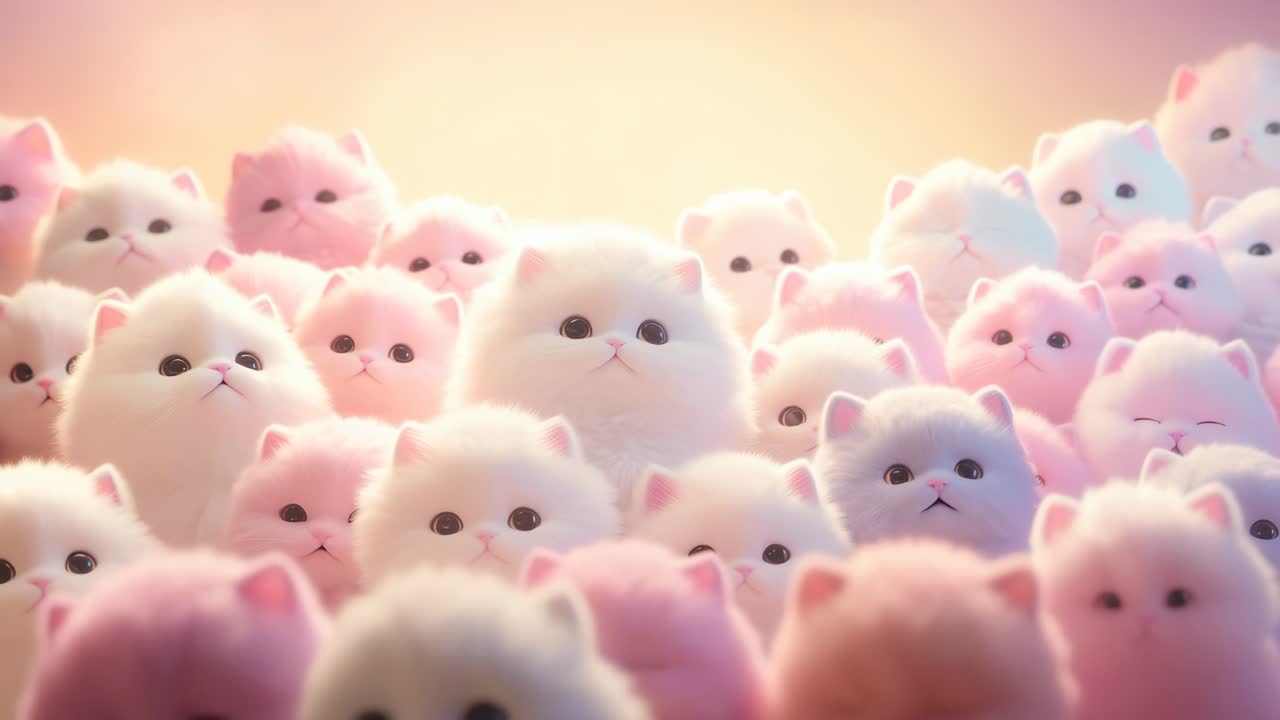 A whimsical, eye-level video still of fluffy white and pink kittens, creating a dreamy, soft-focus