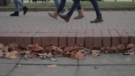 Füße-Gehen-Auf-Dem-Bürgersteig-Mit-Herbstblättern-Vorbei