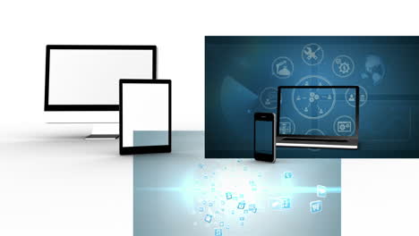 video of tablet, smartphone and computer with digital icons and data processing