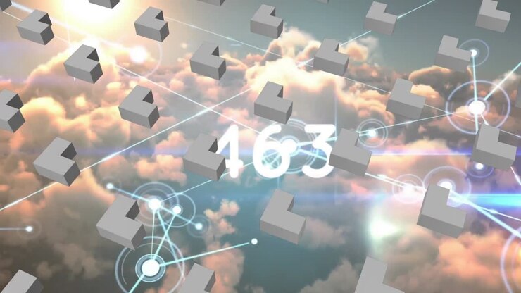 Animazione di quadrati e numeri su nuvole.