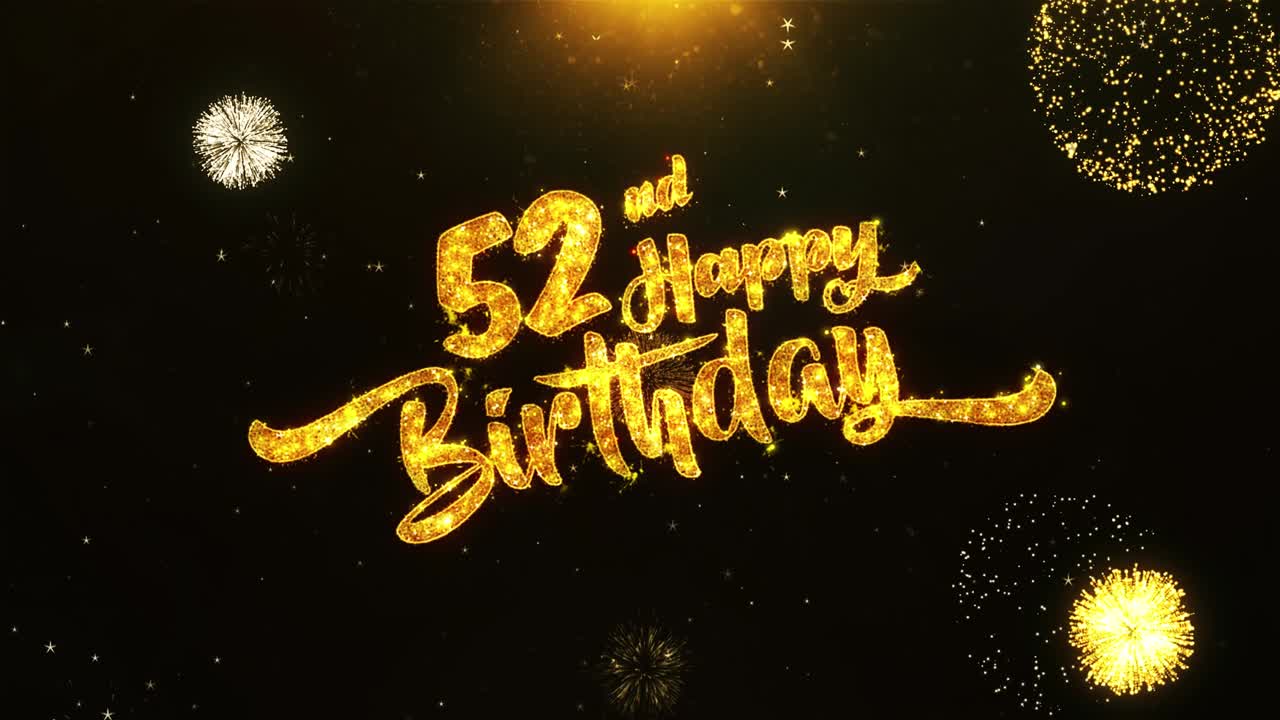 Tarjeta de felicitación y buenos deseos para el 52 cumpleaños hecha con partículas brillantes de fuegos artificiales dorados