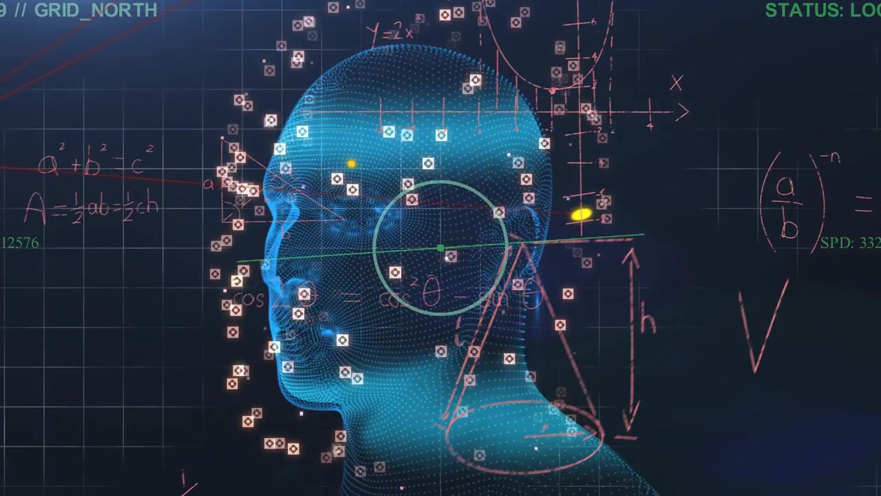LOCKED_ON appearing, HUD scanning blue wireframe head rotating while flagging features for analysis