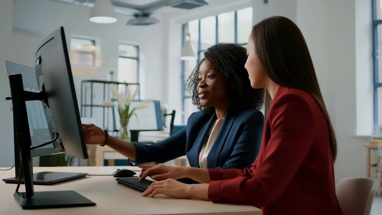 Two Businesswomen Collaborating and Discussing Work at an Office Computer