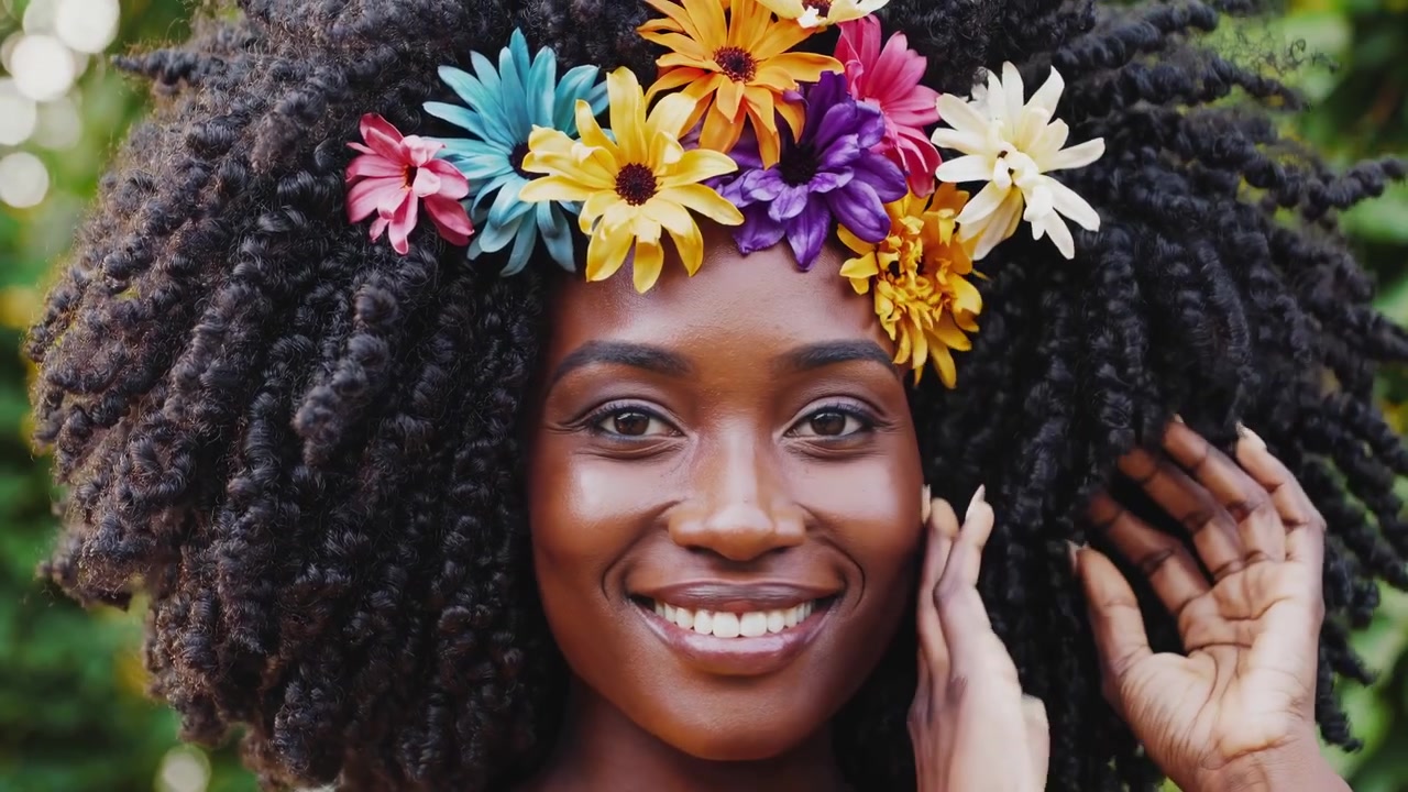 Ritratto di una donna sorridente con capelli afro e corona di fiori