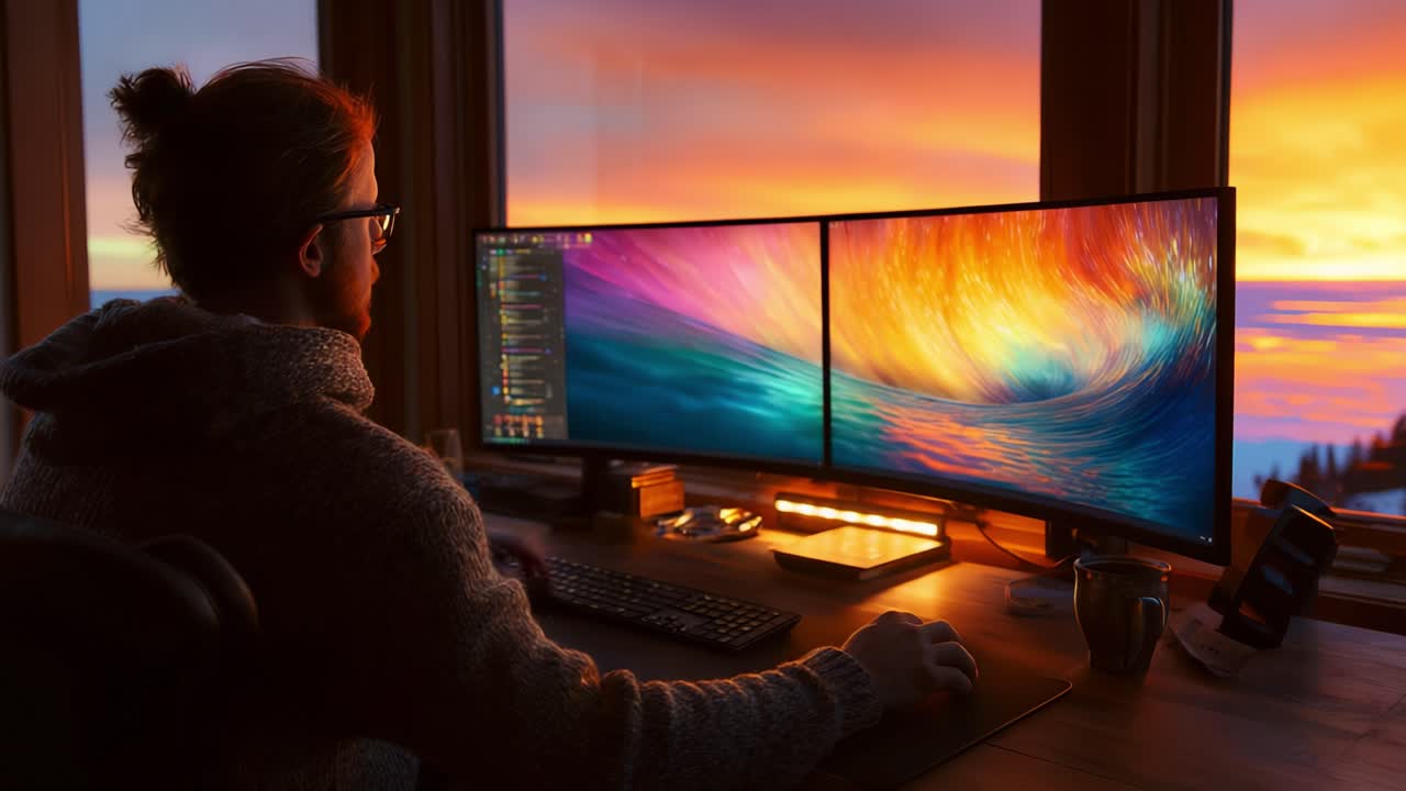 En hyggelig aftenudsigt: En person, der arbejder på et setup med to skærme med udsigt over en fantastisk solnedgang, omgivet af varme farver og ro i en behagelig atmosfære