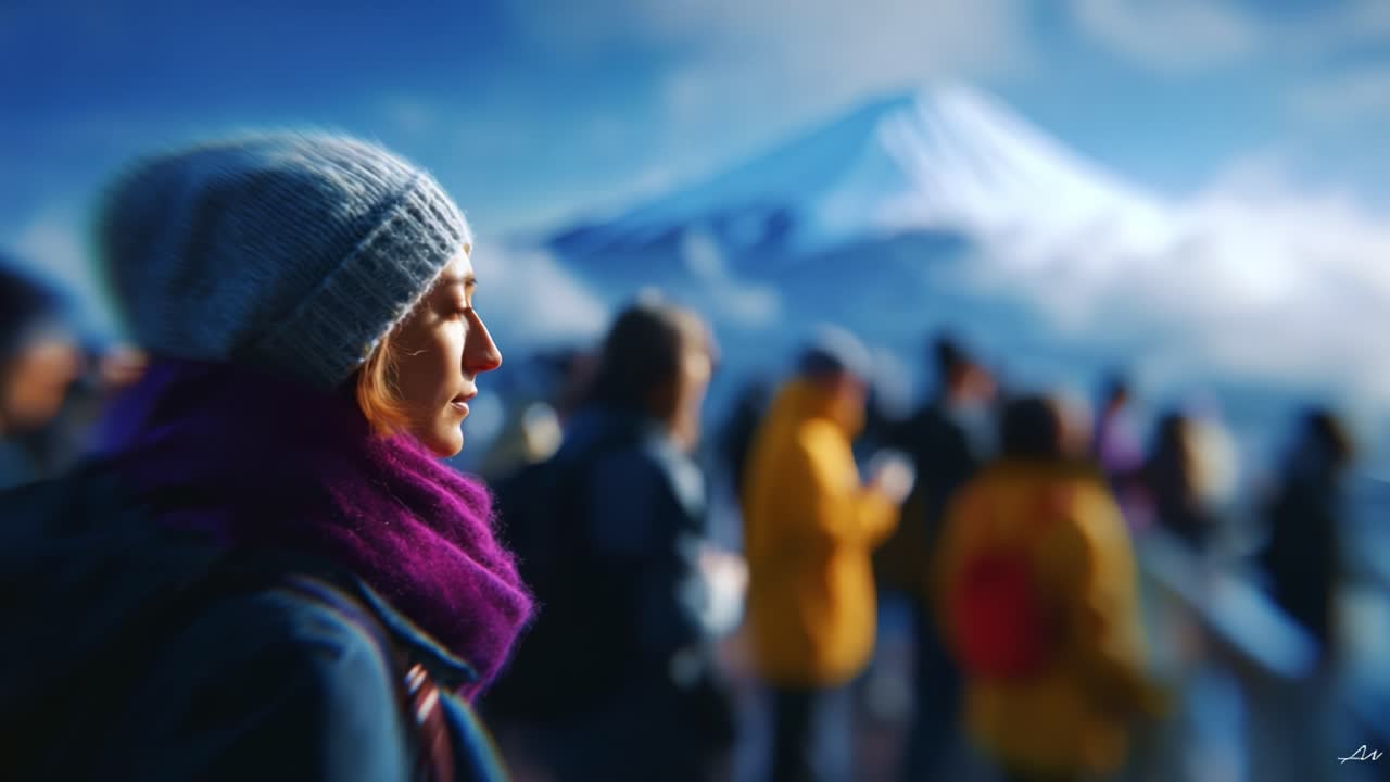 A contemplative moment captured in a serene landscape, featuring a woman with a knitted hat and purple scarf, with a majestic mountain backdrop and blurred crowd