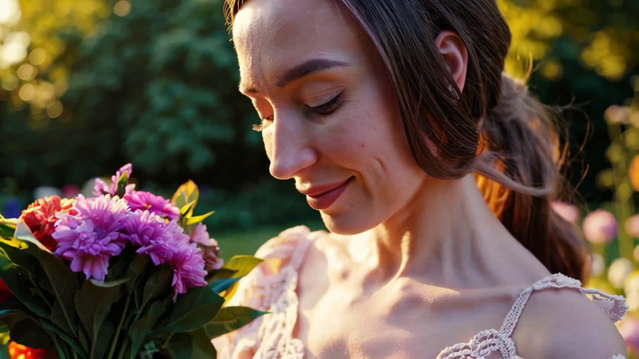 Woman holding a flower bouquet in a garden