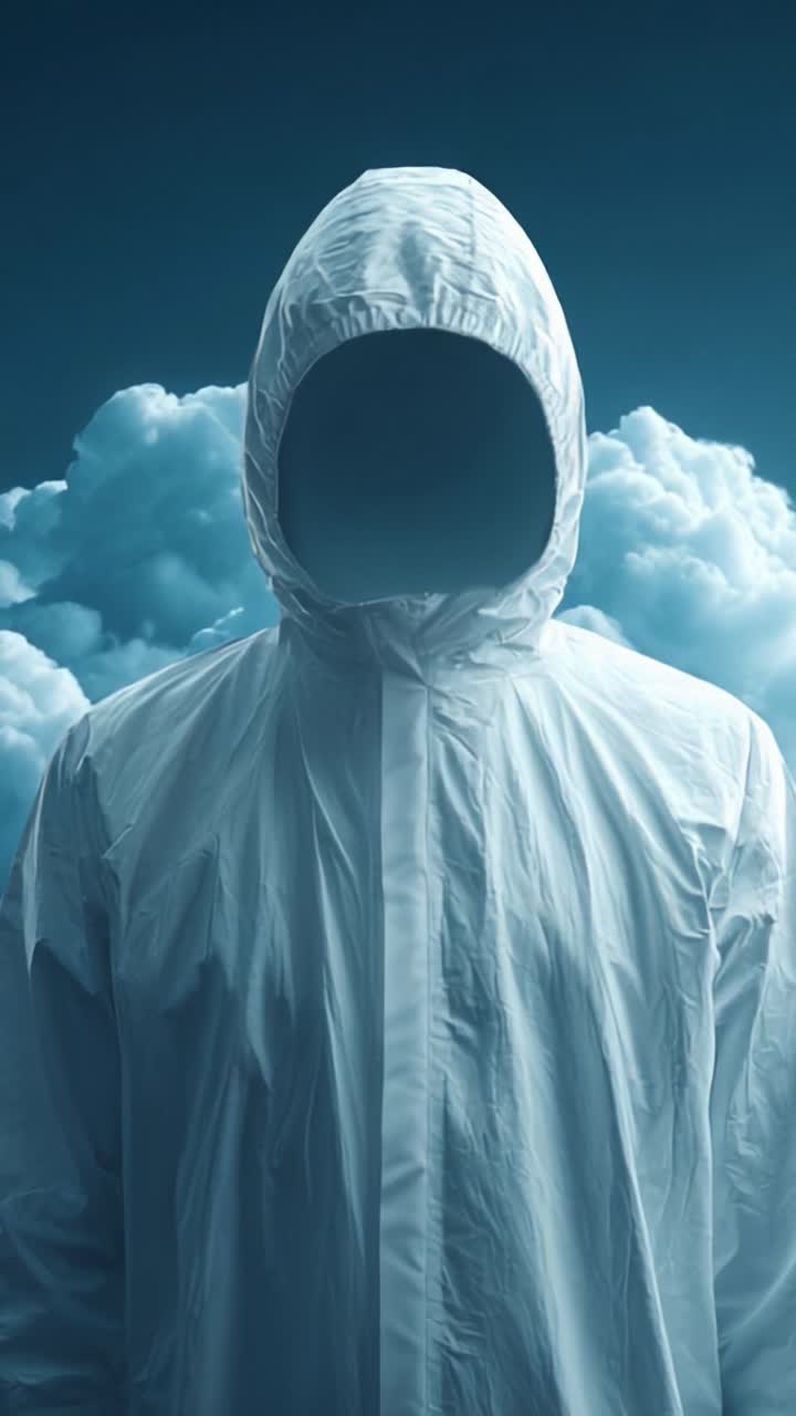 Figura misteriosa in un mantello bianco con cappuccio si erge contro un cielo surreale pieno di nuvole, creando un'atmosfera eterea ed enigmatica di intrigo e meraviglia.