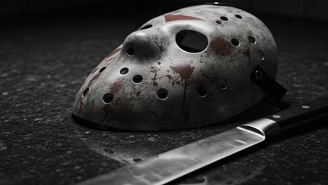 a close-up view of a blood-stained hockey mask and a gleaming knife set against a dark, textured background, evoking themes of horror and suspenseful tension