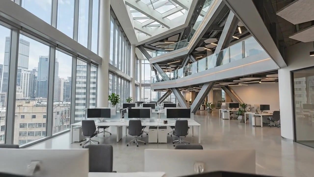 Interior de escritório moderno de conceito aberto com espaço de trabalho contemporâneo