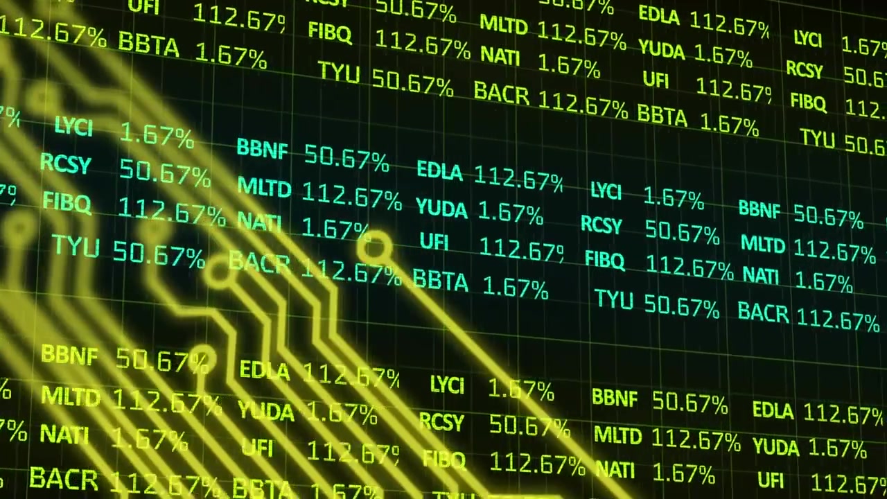 Animation of microprocessor connections over stock market data processing against black background