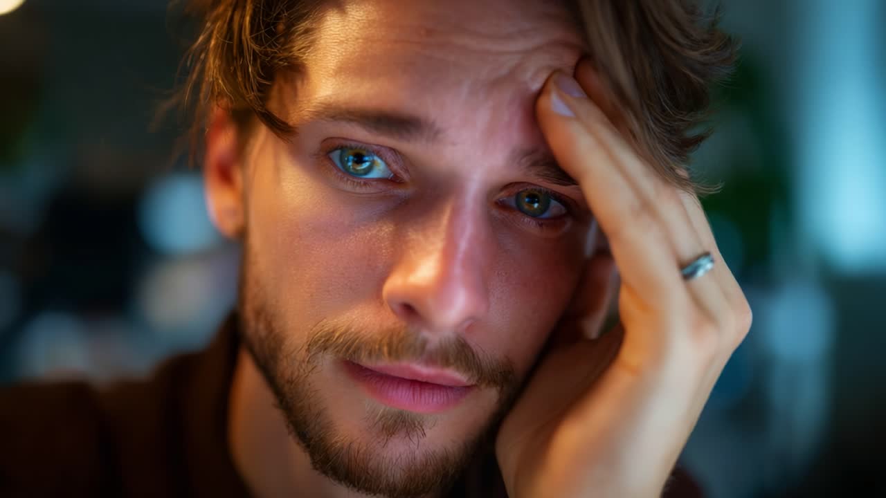 Un giovane uomo pensieroso rivela emozioni profonde attraverso la sua espressione, riflettendo stress e vulnerabilità in un momento di introspezione e auto-riflessione