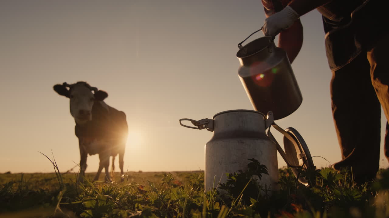 granjero vierte leche en lata al atardecer 1