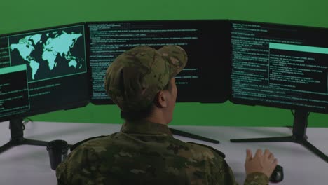 personal militar concentrado en las pantallas de las computadoras