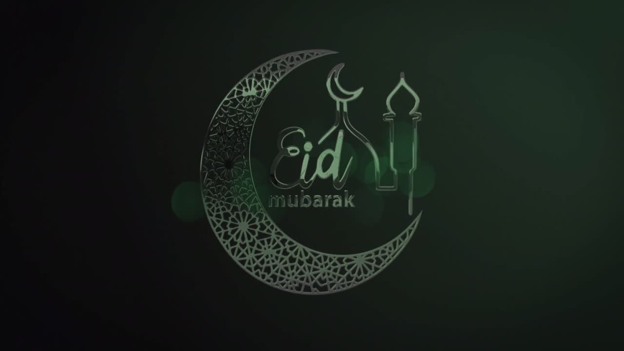estrella fugaz sobre el texto de eid mubarak con luna creciente y mezquita contra un fondo verde