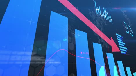 Animation-of-financial-data-processing,-arrow-pointing-down-and-statistics