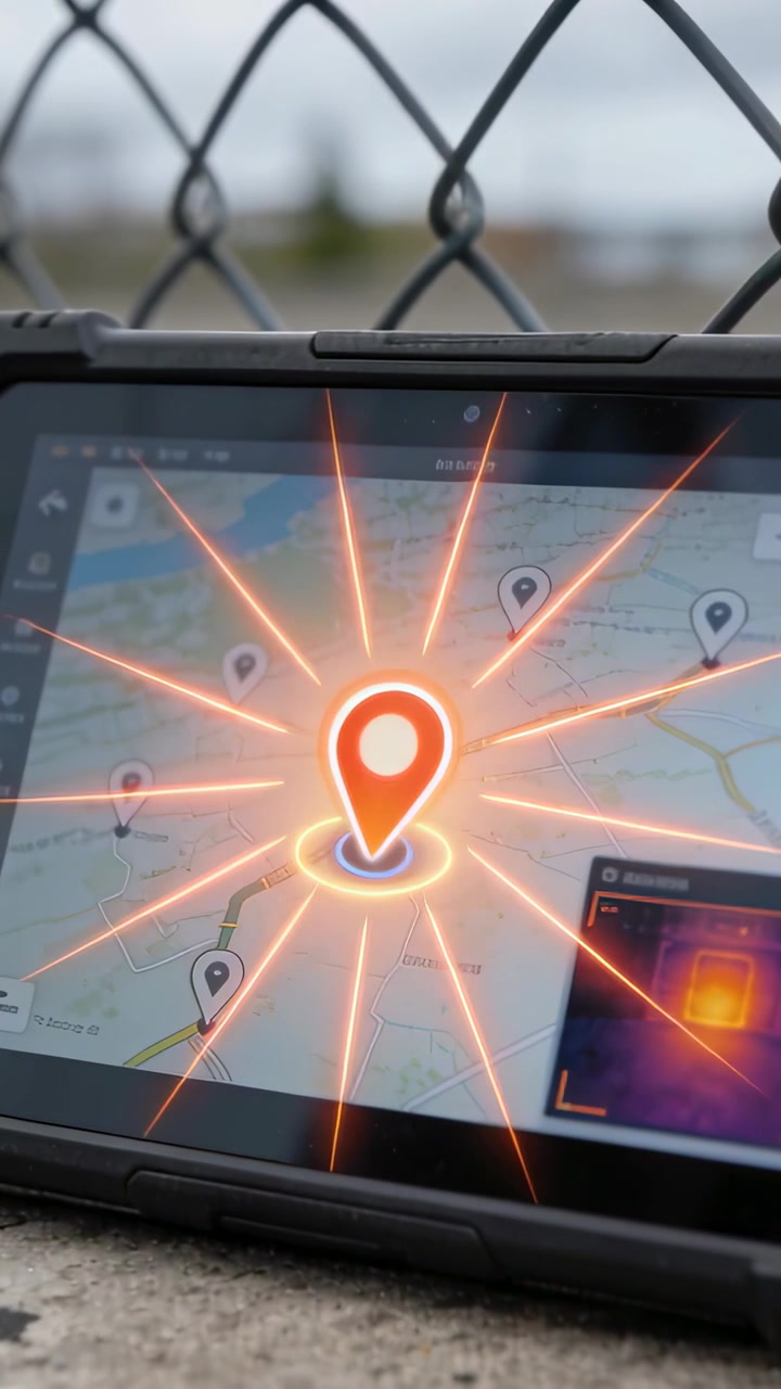 Vertical video: Animating rugged tablet pulsing red pin after map select on ledge by fence for heat
