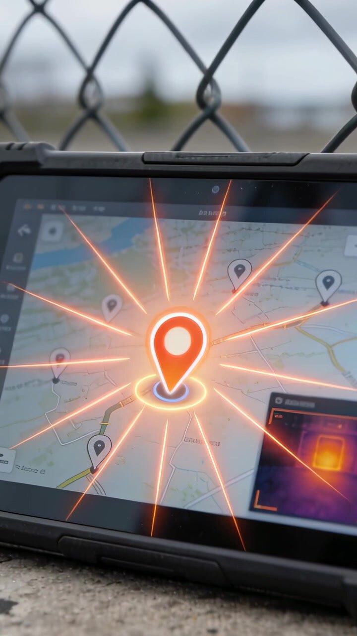 Vertical video: Animating rugged tablet pulsing red pin after map select on ledge by fence for heat
