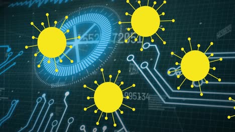 Animation-of-covid-19-cells-and-scope-with-computer-circuit-board-and-data-processing