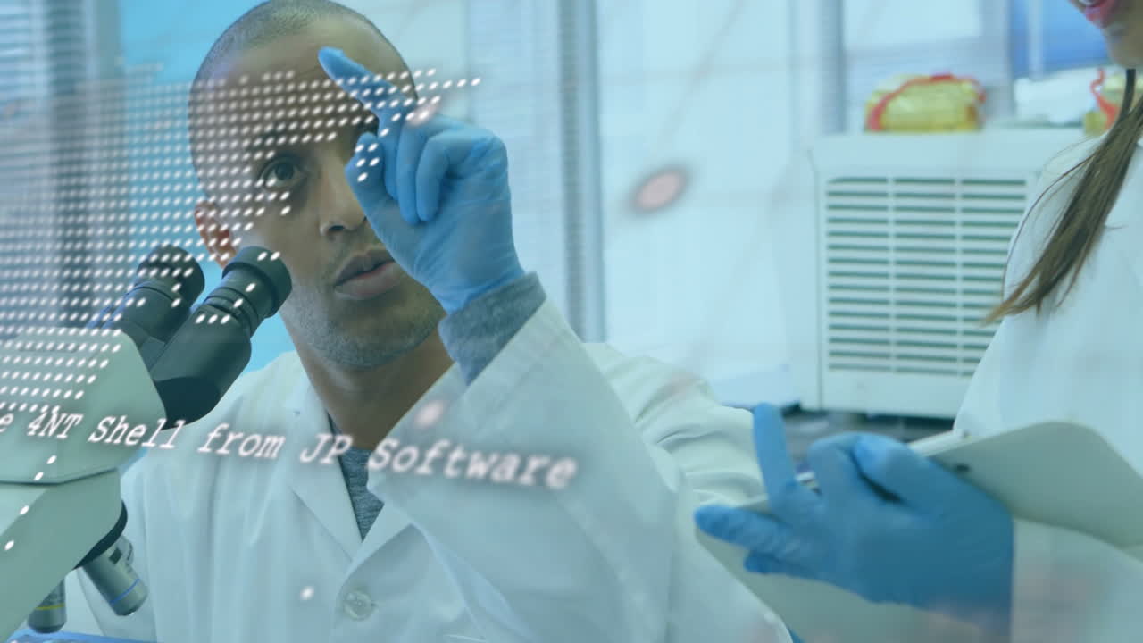 Examining data overlay, scientist working with microscope in laboratory animation