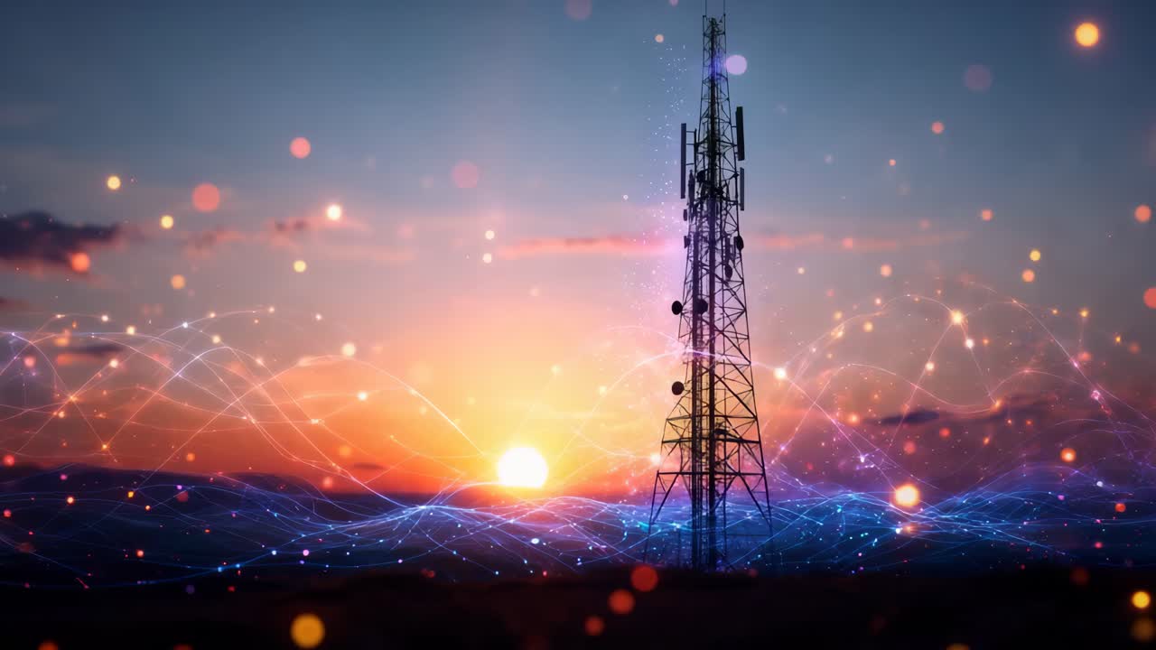 puesta de sol sobre una torre de comunicaciones