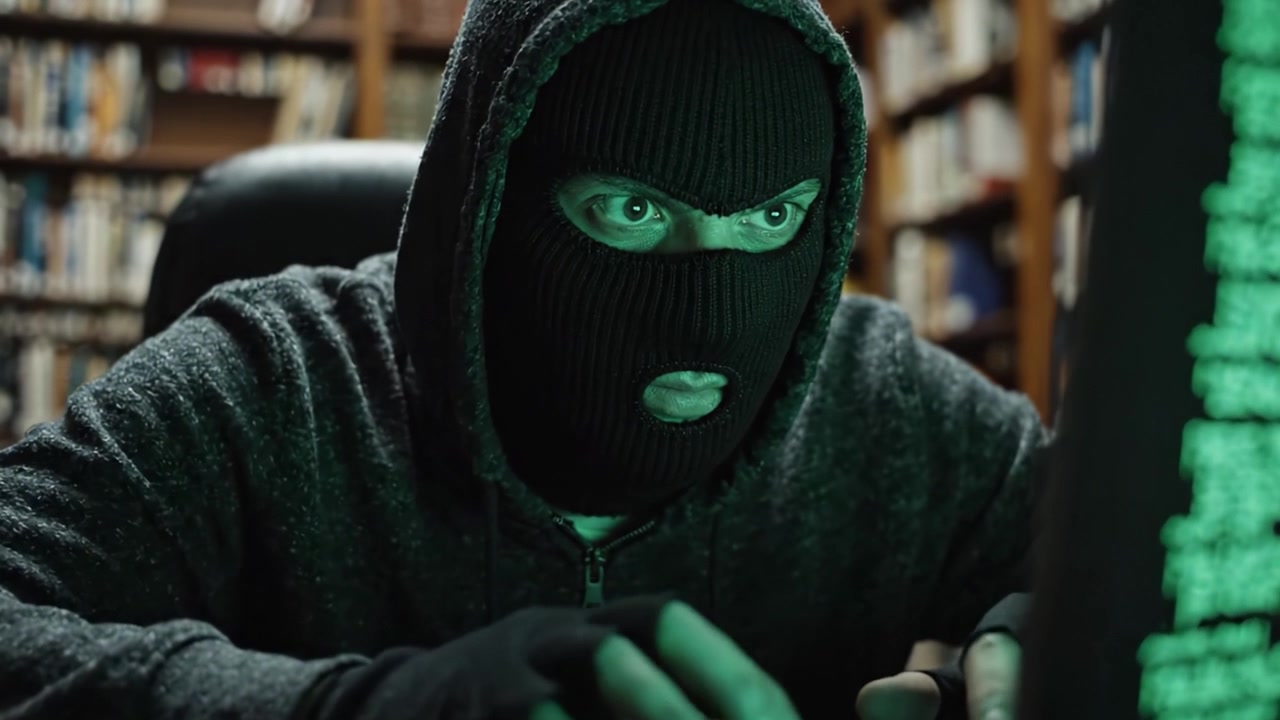 A masked figure intently focuses on a laptop screen in a library, immersed in an unknown task that hints at potential nefarious digital activities.
