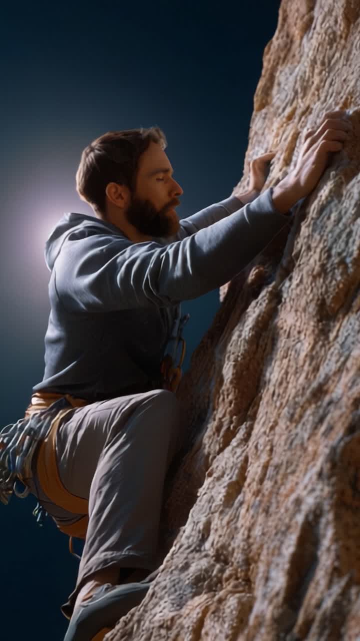 Um escalador dedicado escalando uma superfície rochosa com foco e determinação, mostrando as emoções e desafios da escalada em rocha em uma paisagem natural deslumbrante