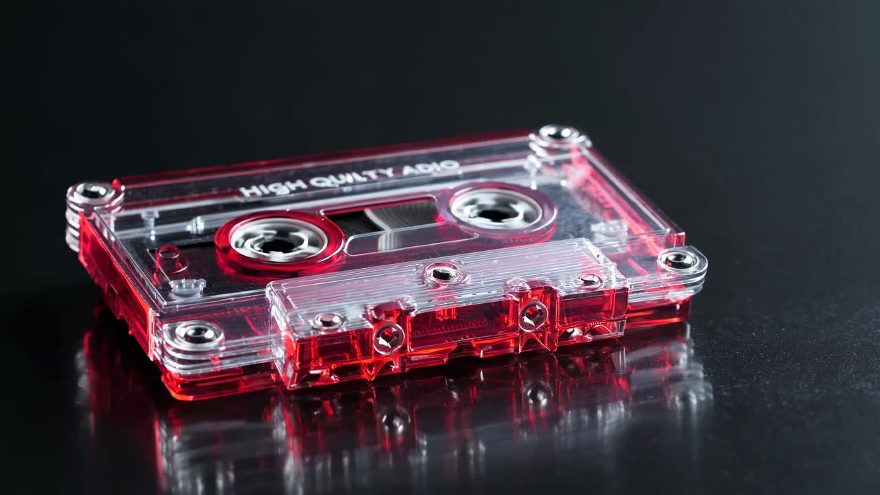 Close-up, low-angle shot of a vintage red cassette tape on a reflective surface, evoking nostalgia