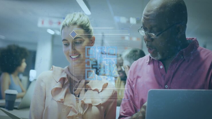 Animation of data processing and diagrams over diverse business people discussing work