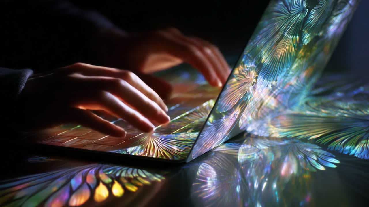A Creative Digital Workspace: Hands Typing on a Laptop with Colorful Reflections and Patterns, Illuminating the Surrounding Space and Showcasing Modern Technology in Art