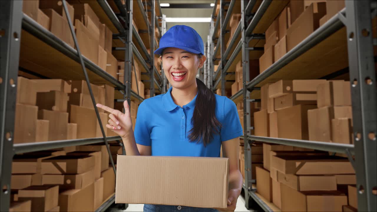 mensajera asiática en uniforme azul sonriendo y señalando al lado mientras entrega un cartón en el almacén