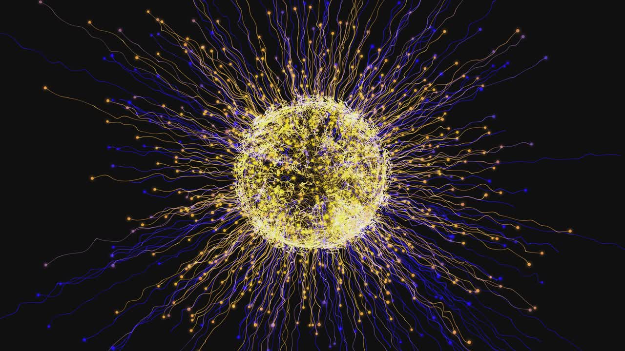 Movimento astratto di particelle, raggi da una sfera su sfondo trasparente.
