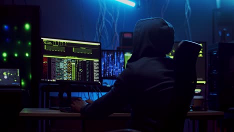 back view on the male software developer in hood working over hacking programs at the computer with codes on the screen at night in the dark room