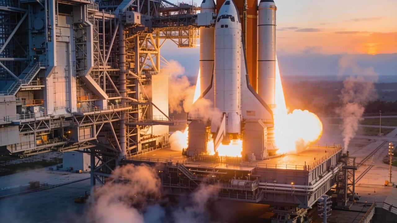 Roaring launch stack emitting engine smoke on pad after purge for liftoff orbiter tank boosters