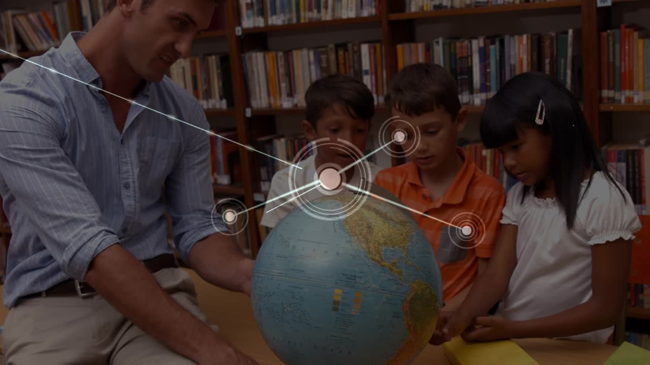 Animation of connections over diverse teacher and pupils with globe at school