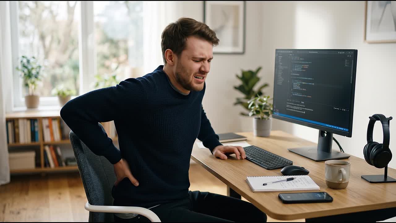 Man with Back Pain Working on Computer in Home Office