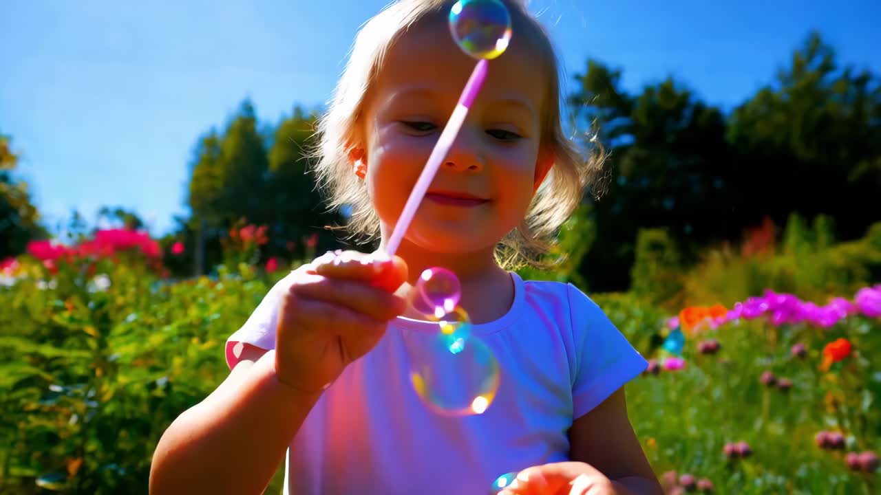 niña pequeña jugando con burbujas en un jardín