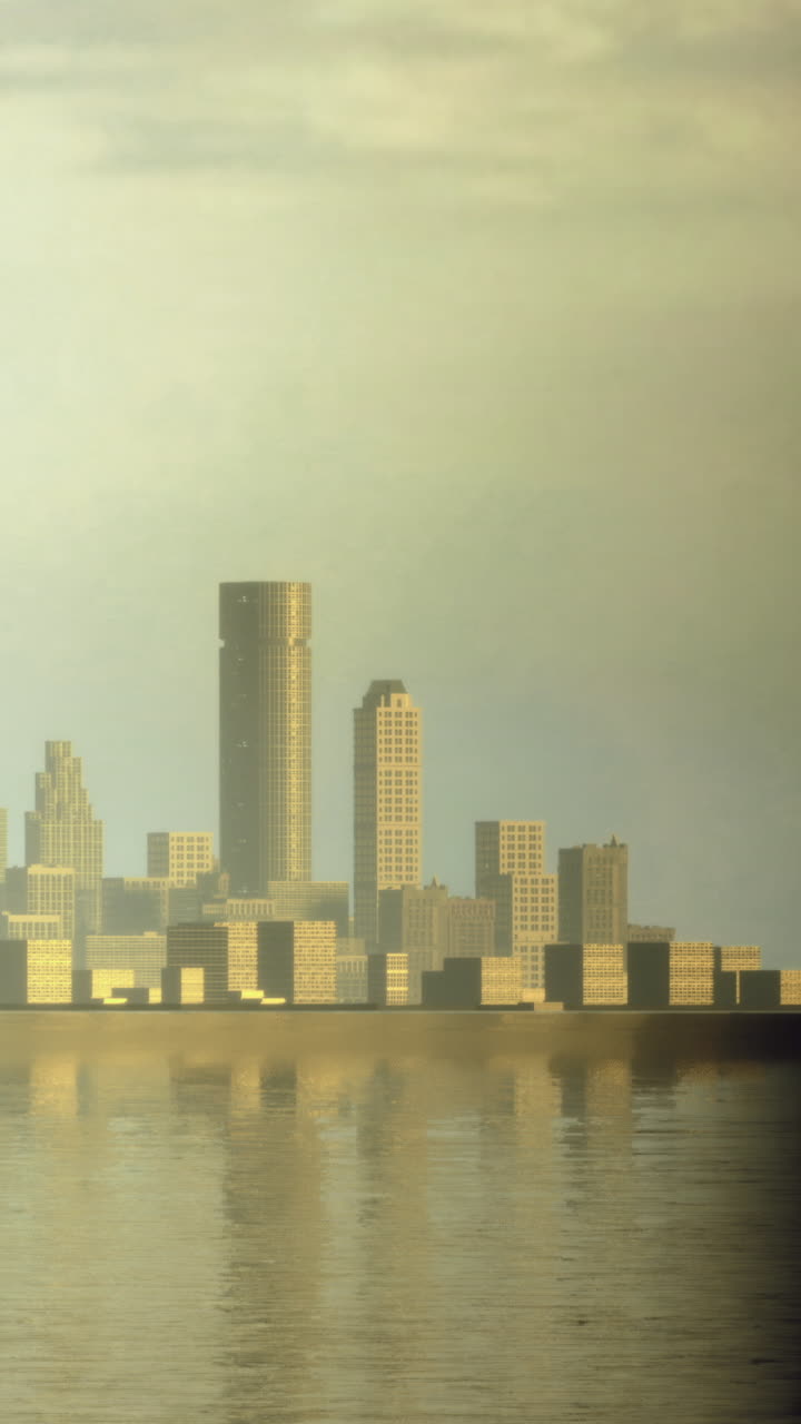 Vista del horizonte urbano al atardecer, cruzando el agua, cerca del lago.