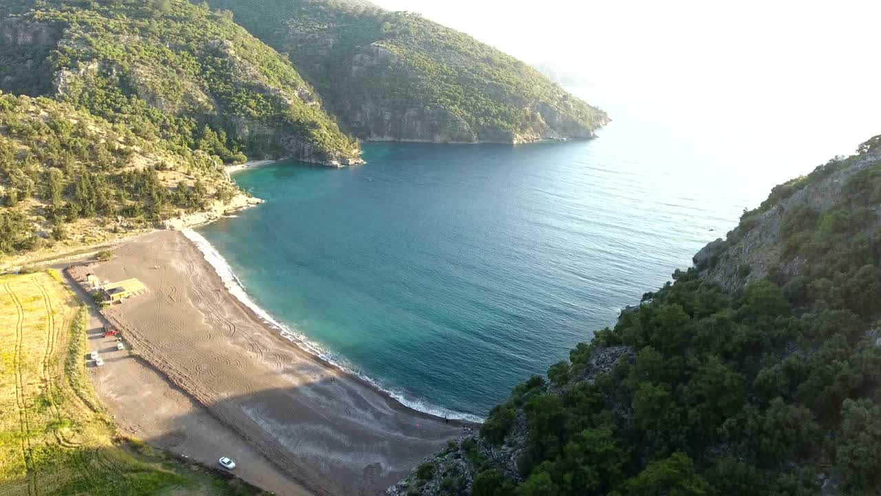 Aerial Of Lonely Beach and Turquaise Sea, Kargicak Turkey
