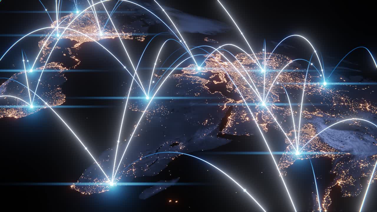 технологическая глобализация земли в 3d-анимации. глобальные бизнес-точки на вращающейся планете.