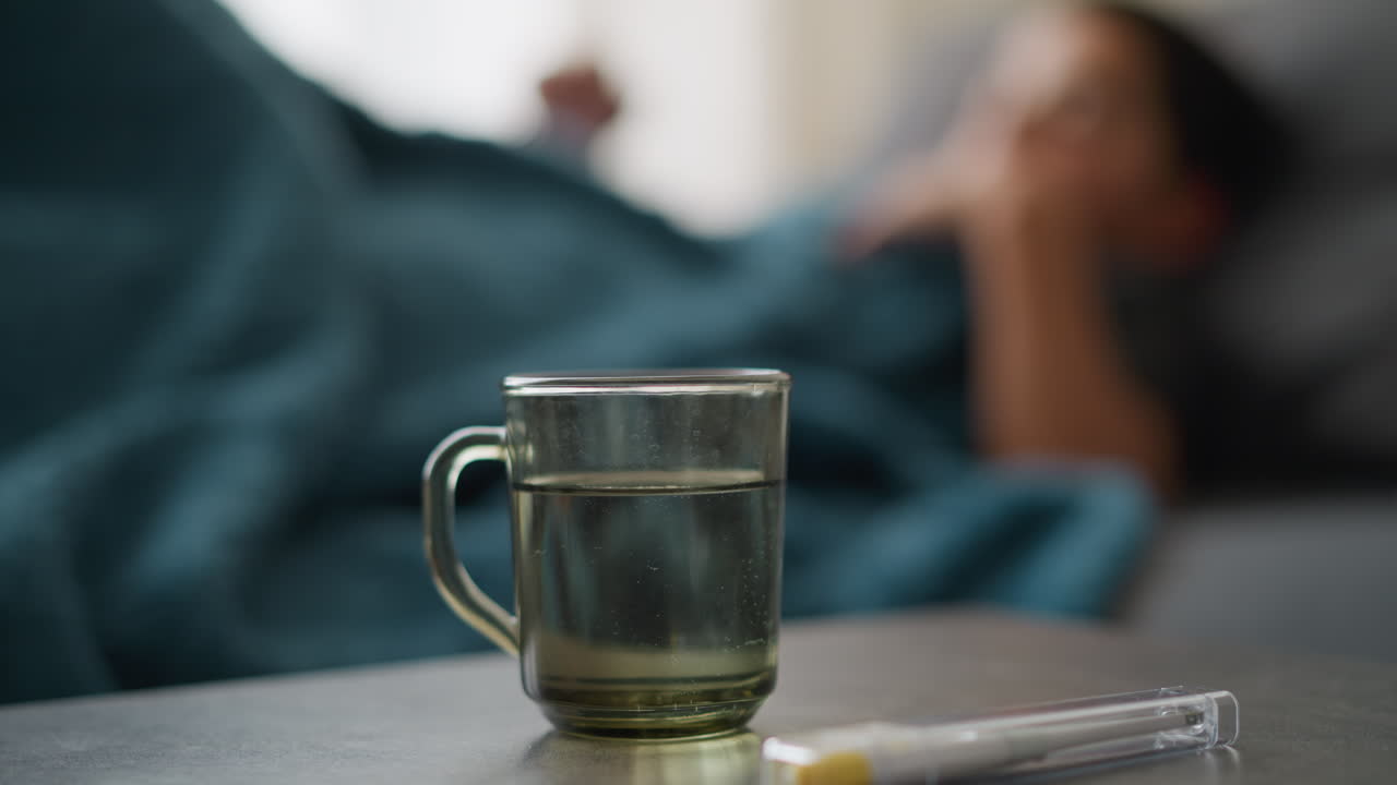Water inside glass cup on table with thermometer and blurred background showing restless person on couch, dim light indicating a sick day, recovery, and care at home